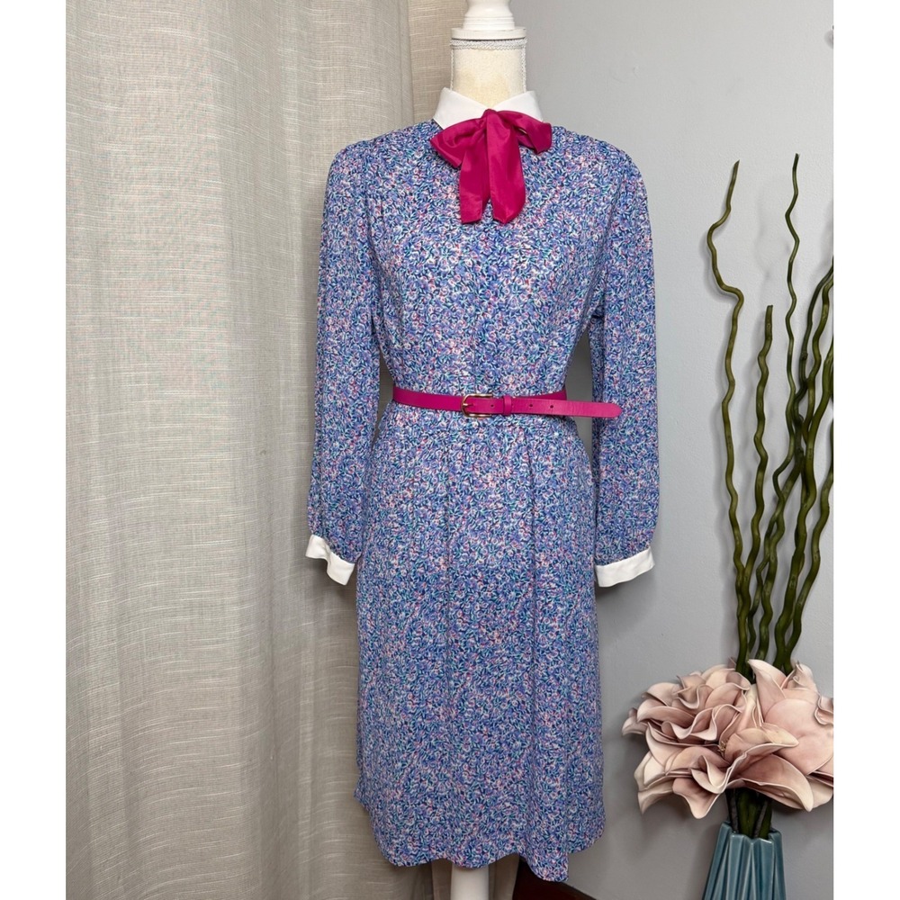 Vintage Samantha Stevens Petites Floral Ribbon Bow Midi Dress Blue Pink Womens 8